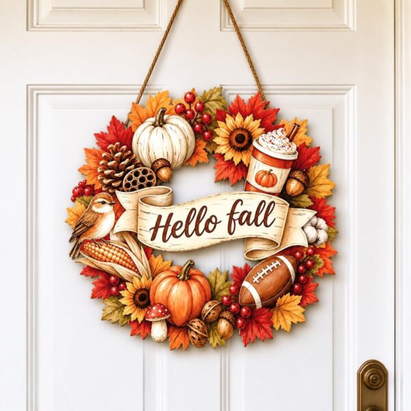 Small Fall Wreath, Hello Fall Sign, Autumn Door Decor for Front Door