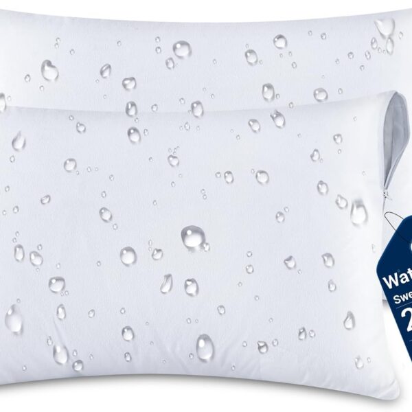 Ultra Soft Pillow Protectors Waterproof Queen Size Set of 2-Pack - Breathable & Noiseless Zippered Pillow Covers, Sweat & Oil Proof Cases, Dust & Dirt Pillow Encasements, White