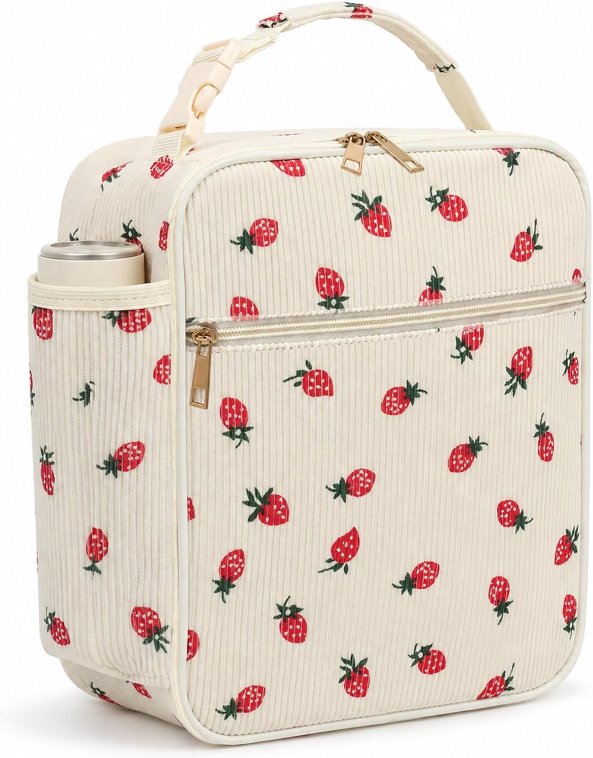 Nayno 10L insulated corduroy lunch bag in a vibrant strawberry color with front pocket