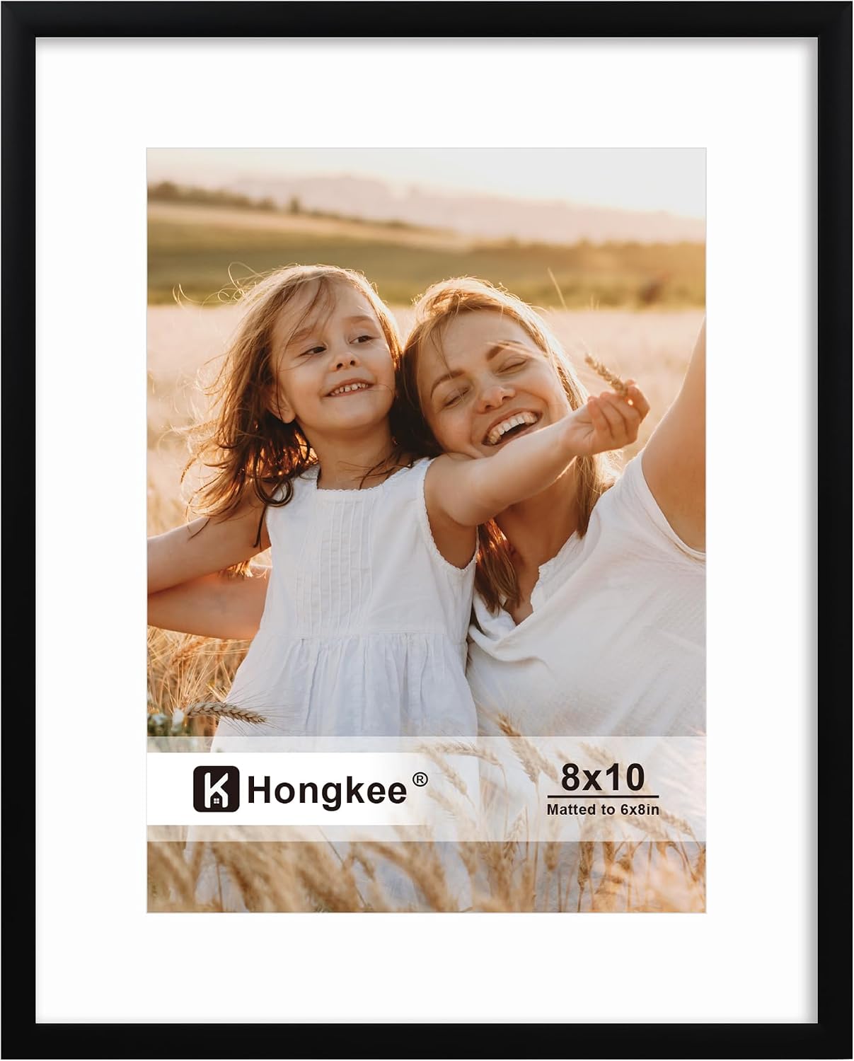 Hongkee 8x10 metal picture frame in matte black with a clear real glass cover.