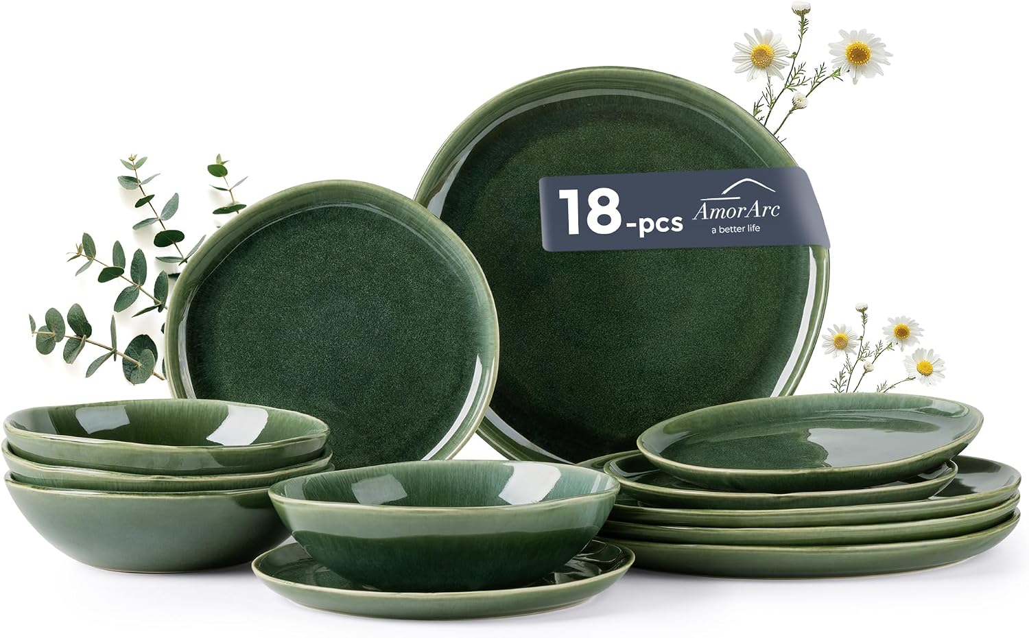 AmorArc Ceramic Dinnerware Sets for 6, 18Pcs Plates and Bowls Sets Dishes