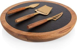 PICNIC TIME Insignia Acacia and Slate Serving Board with Cheese Tools, Novelty Charcuterie Board Set with Stainless Steel Tools, Removable Slate Serving Surface and Hidden Notch (Acacia Wood)
