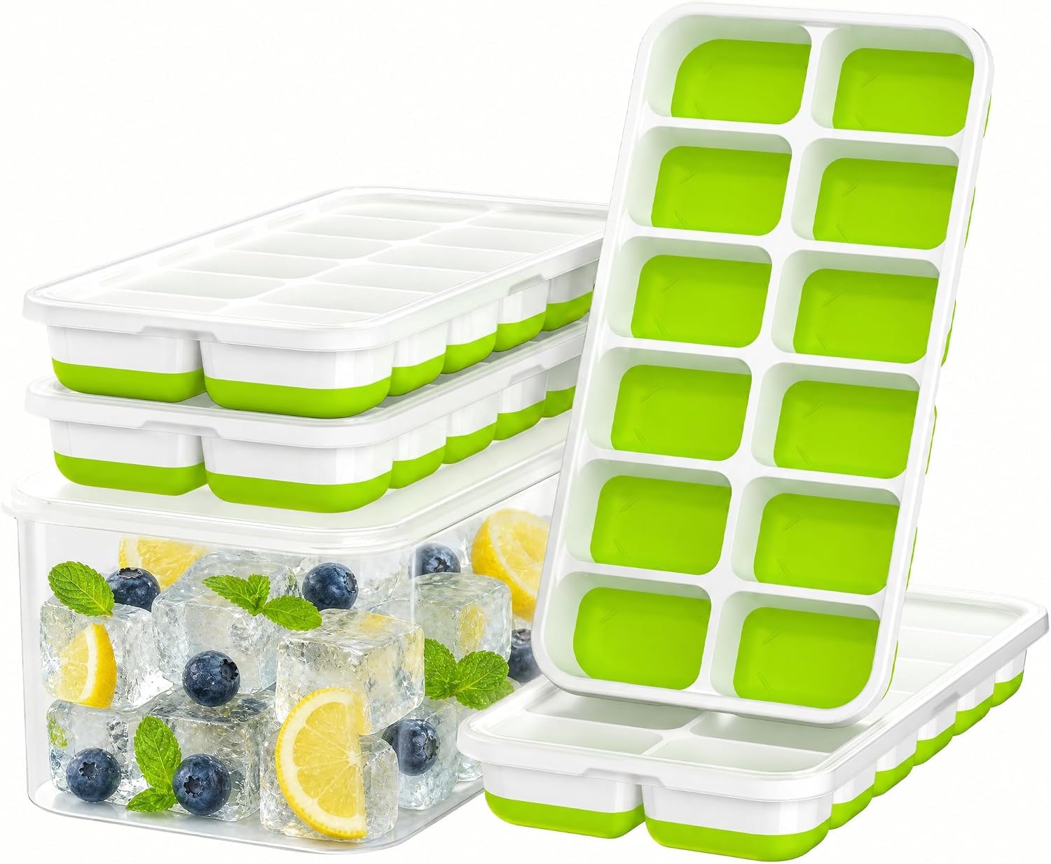 Ice Cube Tray with Lid and Bin - 4 Pack Molds Space-Saving Ice Bucket Kit