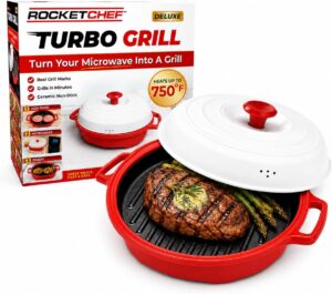 Turbo Grill Deluxe - Microwave Grill Pan with Lid, Nonstick, Ceramic Nonstick Grill Pan with Vented Lid, Grills, Sears & Crisps Bacon, Burgers, Steak & Veggies Fast + Bonus Recipe Guide