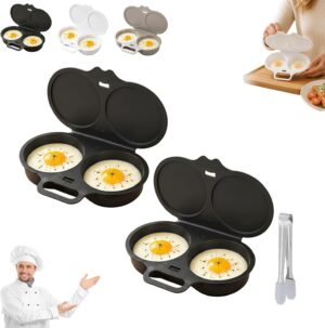 2026 New Dual Cavity Microwave Egg Poacher With Lid & Handle，Dark Gray