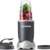 Close-up detail of the 600-watt motor base and stainless steel extractor blade of the Nutribullet blender.