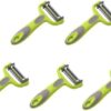 Close-up detail of the SamLng 3-in-1 vegetable peeler showing sharp slicing and grating edges.