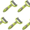 Close-up detail of the 3-in-1 vegetable peeler blade demonstrating its slicing and grating surfaces.