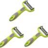Close-up detail of the durable stainless steel blades on the SamLng 3 in 1 vegetable peeler.