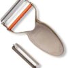 Close-up detail of the hardened 420 stainless steel blade on the Milk Street precision vegetable peeler.