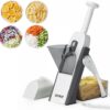 Close-up of the QYKIC safe mandoline slicer showing the adjustable thickness dial from 0.1 to 8mm.