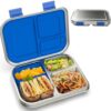 Top view of the blue stainless steel bento box showing the 3-compartment layout for organized school lunches