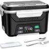 Front view of the EAST OAK heated lunch box featuring a sleek design and digital smart timer display.