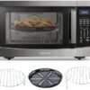 Front view of the Toshiba black stainless steel microwave with air fryer and digital control panel.