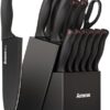 Close up view of the built-in knife sharpener slot on the Astercook black wood block