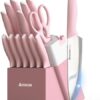 Astercook kitchen knife set displayed in a black hardwood block with an integrated sharpener.