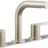 Close-up of the dual lever handles on the KOHLER Elate widespread bathroom sink faucet