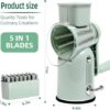 Close-up of the rotary cheese grater slicing fresh vegetables using one of the five interchangeable stainless blades