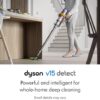 The Fluffy Optic cleaner head on the Dyson V15 Detect revealing invisible dust on a hard floor.