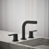 Side profile of the KOHLER Elate 5-inch spout reach widespread bathroom faucet in matte black
