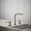 Side profile showing the 5-inch spout reach of the modern KOHLER Elate widespread bathroom sink faucet