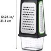 The OXO etched box grater features a convenient storage container that catches and measures grated food