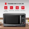 Side profile of the Toshiba 1.2 cu ft countertop microwave with its easy-to-grip ergonomic door handle.