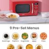 Side profile of the compact red microwave oven showing its space-saving dimensions for RVs and tiny homes.