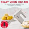 The Dash cordless hand mixer with dough hooks attached for mixing homemade pasta