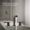 Modern matte black widespread bathroom faucet installed on a vanity with 3-hole configuration