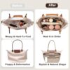Beige felt organizer insert inside a large tote bag to maintain shape and protect the interior lining.