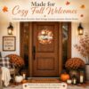 An 11.5 inch Hello Fall autumn wreath shown in a covered porch entryway setting