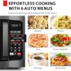 Side profile of the Toshiba black stainless steel compact microwave oven