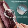 Multifunctional stainless steel vegetable peeler peeling a cucumber with the swivel blade
