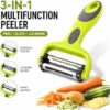 Compact 3 in 1 vegetable peeler design shown next to fresh vegetables to illustrate space-saving storage.