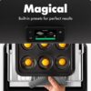 Wide shot of the CHEF iQ smart air fryer toaster oven with included accessories like the air fry basket