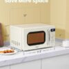 Detailed shot of the LED digital display and round retro-style buttons on the COMFEE' microwave.