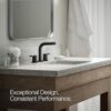 Detailed shot of the KOHLER Elate matte black bathroom faucet with matching touch-activated drain