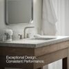 Interior design shot featuring the geometric style of the KOHLER Elate widespread bathroom sink faucet