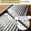 Top-down view of the Gramercy mandoline slicer blade designed for clean cuts on potatoes and firm produce.
