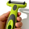 Side profile of the 3-in-1 vegetable peeler highlighting the comfortable, fatigue-reducing handle.