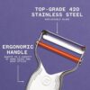 The Milk Street stainless steel vegetable peeler demonstrating its ability to peel tough vegetable skins.