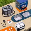 The EAST OAK cordless heated lunch box being used at a desk, demonstrating its portable heating capability.