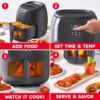 The Dash infrared air fryer on a kitchen counter, highlighting the quick cooking 6 quart family-sized capacity.