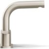 Angle view of the sleek brushed nickel KOHLER Elate widespread bathroom sink faucet and hardware
