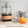 Dismantled BPA-free parts of the 14-cup food processor showing its dishwasher-safe design