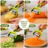 A 3-in-1 vegetable peeler hanging on a hook, showing its slim profile for efficient storage.