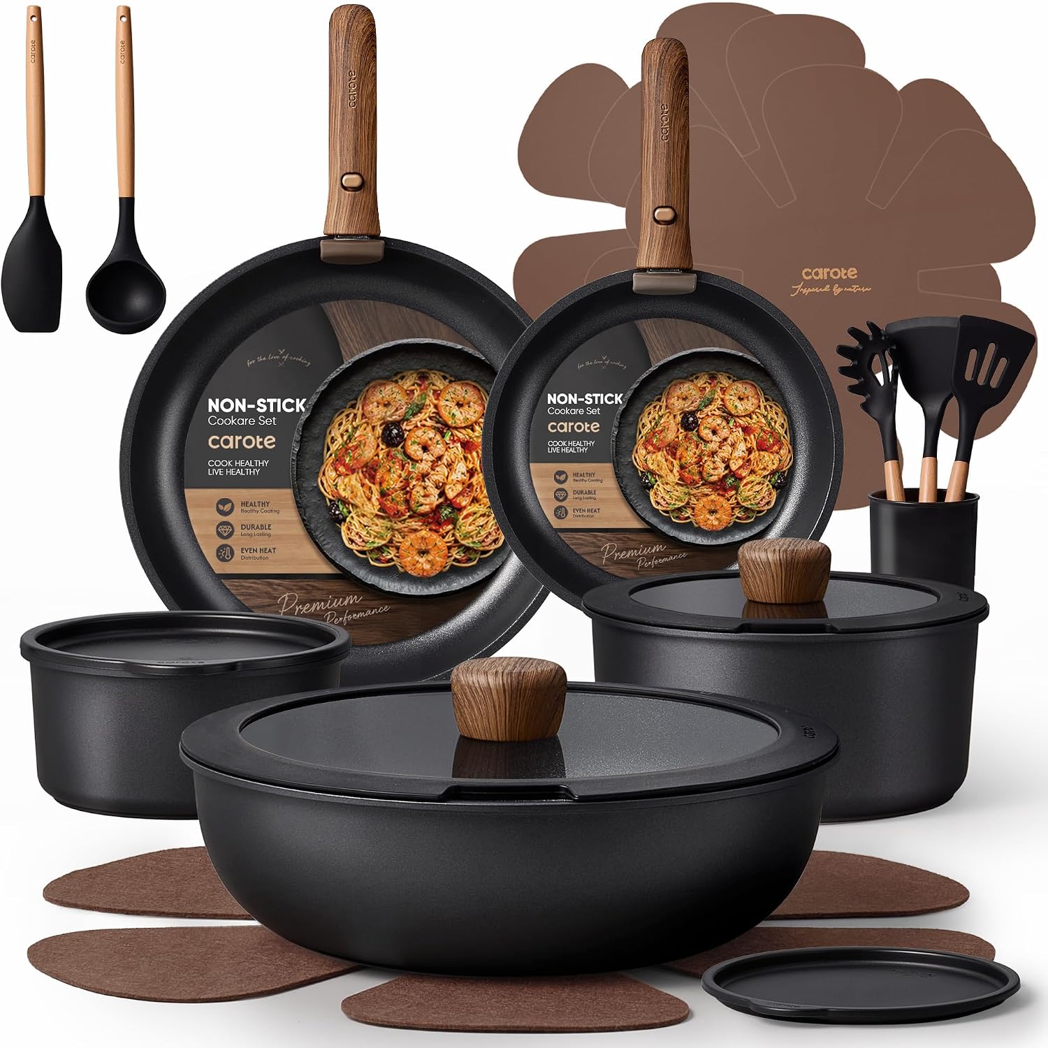 Carote 21pcs detachable handle cookware set neatly stacked for optimal kitchen storage