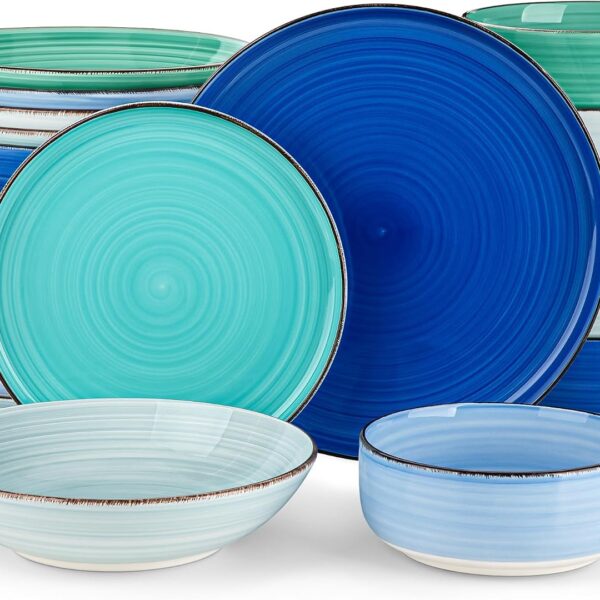 vancasso Bonita Dinnerware Sets 24 Pieces, Blue Stoneware Dishes Set for 6, Dinner Platers with Bowls Set, Dishwasher and Microwave Safe