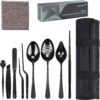 9-Piece Professional Culinary Plating Set, Black Stainless Steel Chef Plating Tools with Storage Roll & Cleaning Cloth for Food Presentation